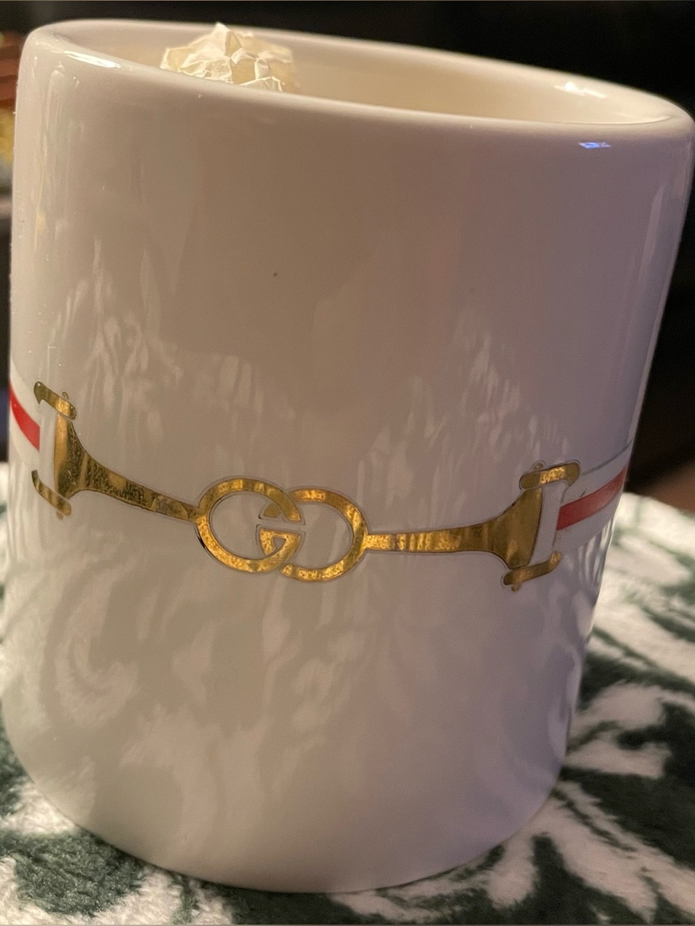 Gucci White Ceramic Mug with Gold Interlocking G Logo and Red Stripe
